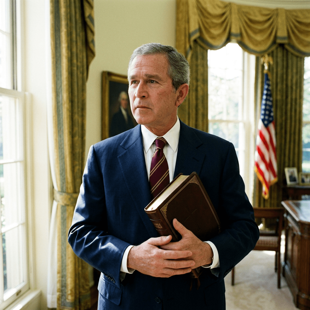Man in suit holding a Bible standing in an office with American flag and portrait