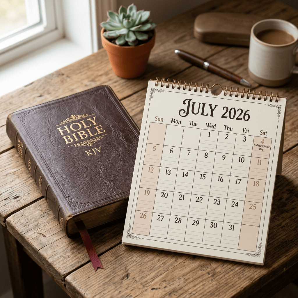 July 2026 calendar showing Independence Day and a King James Bible on wooden table