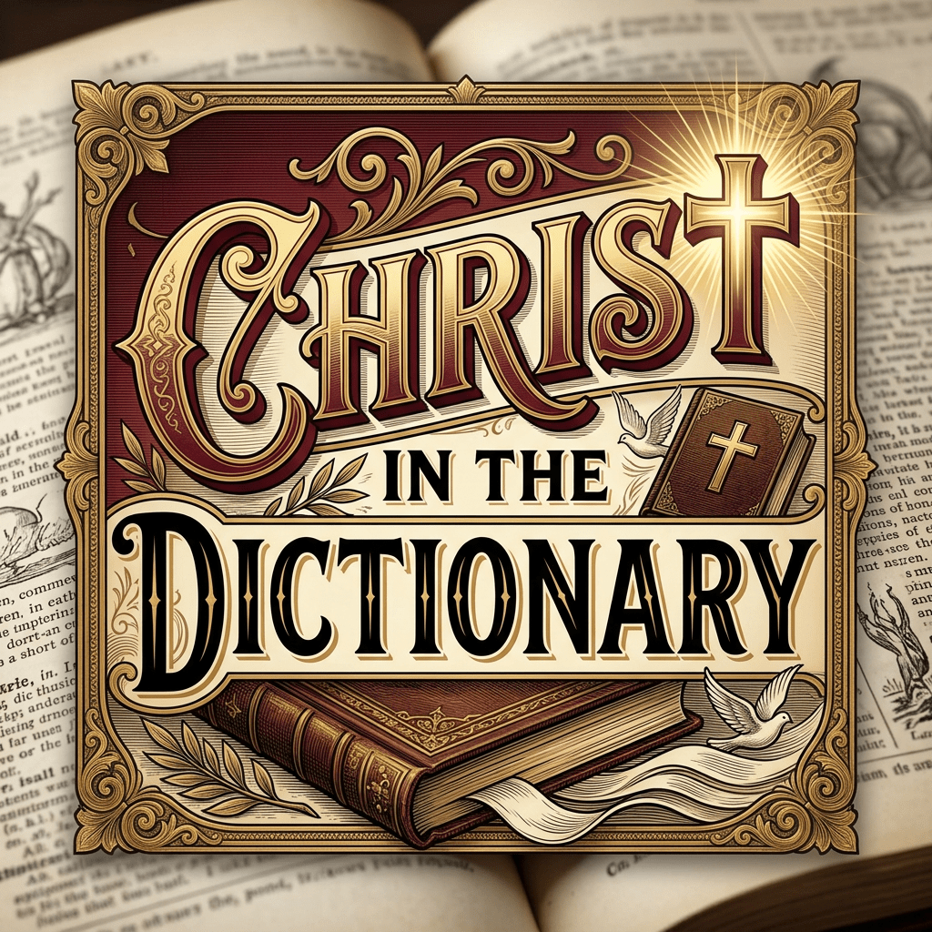 Decorative text 'Christ in the Dictionary' with cross, Bible, and doves