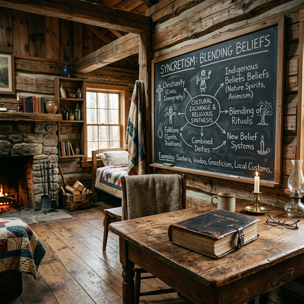 Rustic cabin interior with a wooden table holding a large Bible, candle, and glasses, and a chalkboard explaining syncretism blending beliefs
