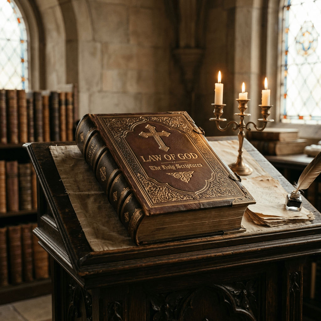 Ornate book titled 'Law of God The Holy Scriptures' on a wooden lectern with lit candles and quill inkpot