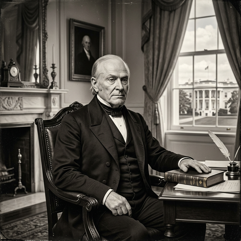 Elderly man in 19th-century formal attire seated at desk with book, quill, and White House in window background