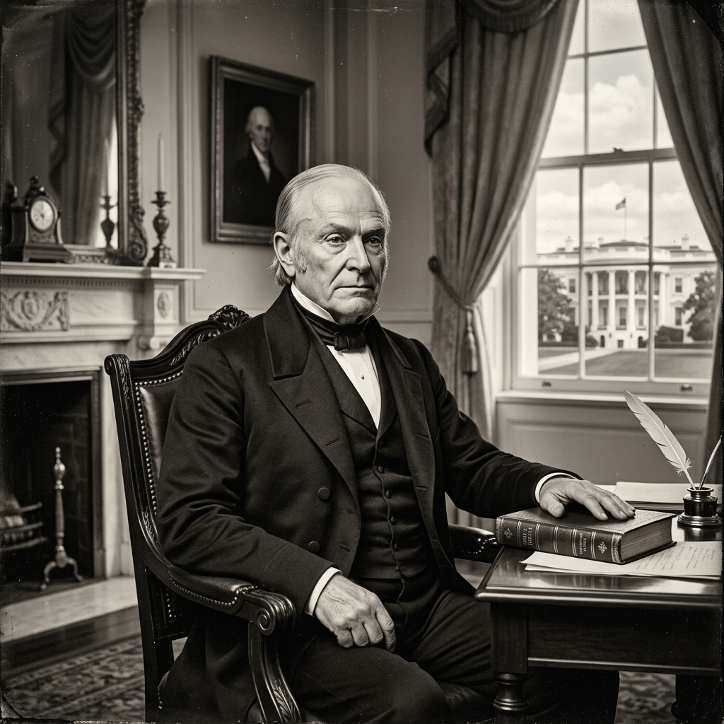 Elderly man in 19th-century formal attire seated at desk with book, quill, and White House in window background