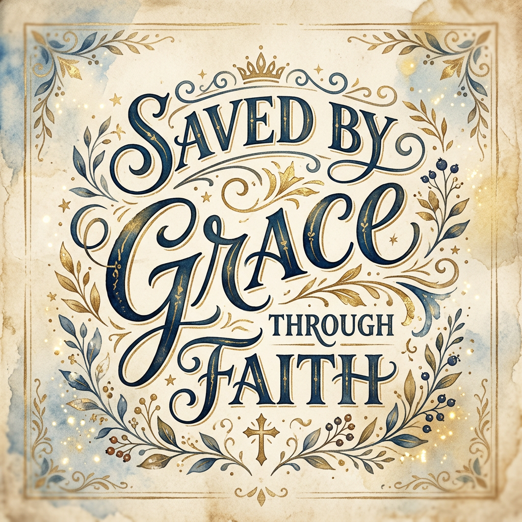 Text 'Saved by Grace Through Faith' in ornate calligraphy with floral and crown decorations