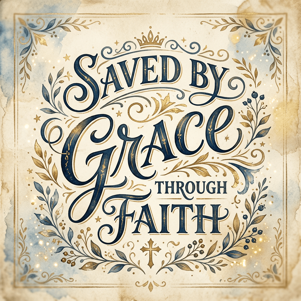 Text 'Saved by Grace Through Faith' in ornate calligraphy with floral and crown decorations