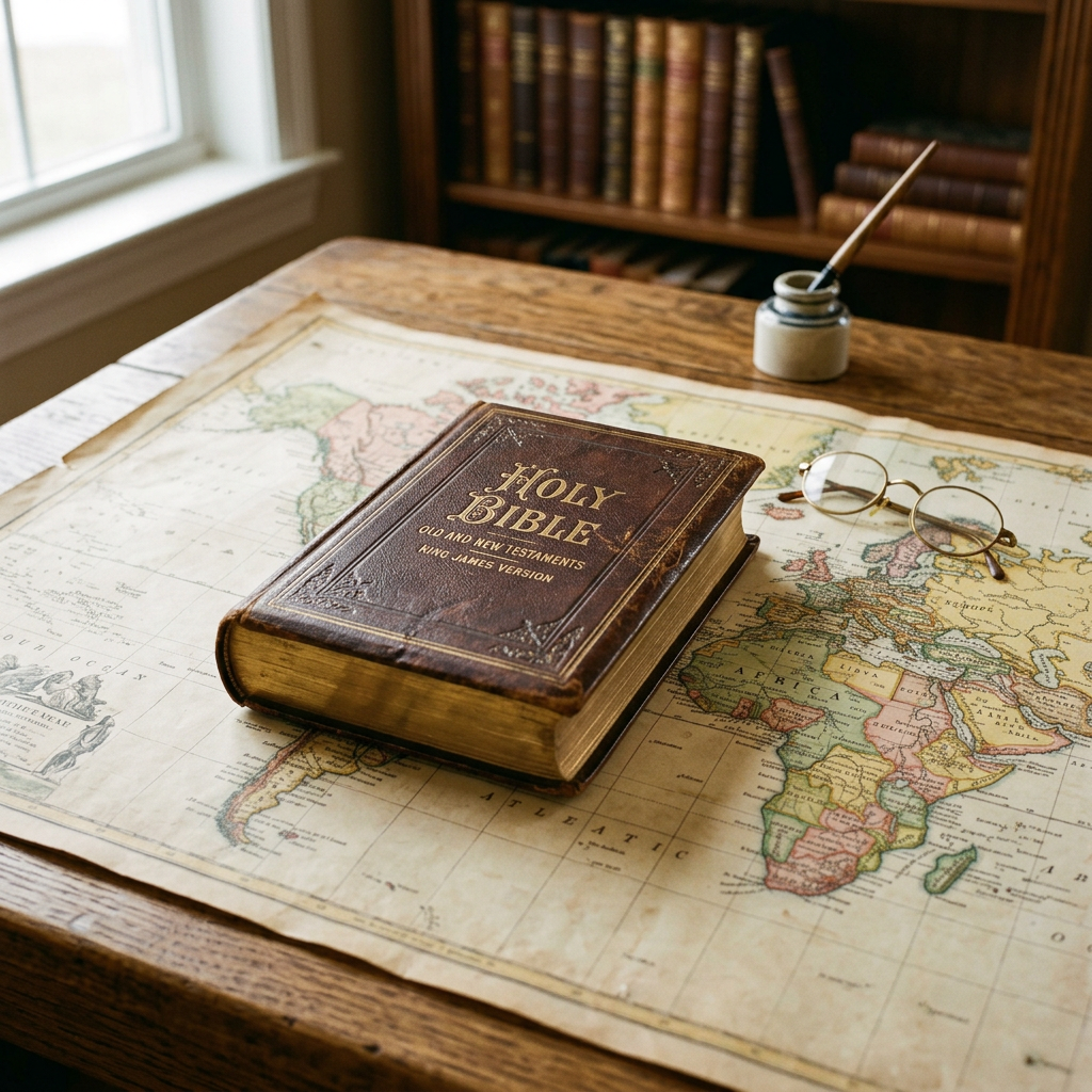 Holy Bible book on a vintage world map with round reading glasses and an ink pot with quill nearby.