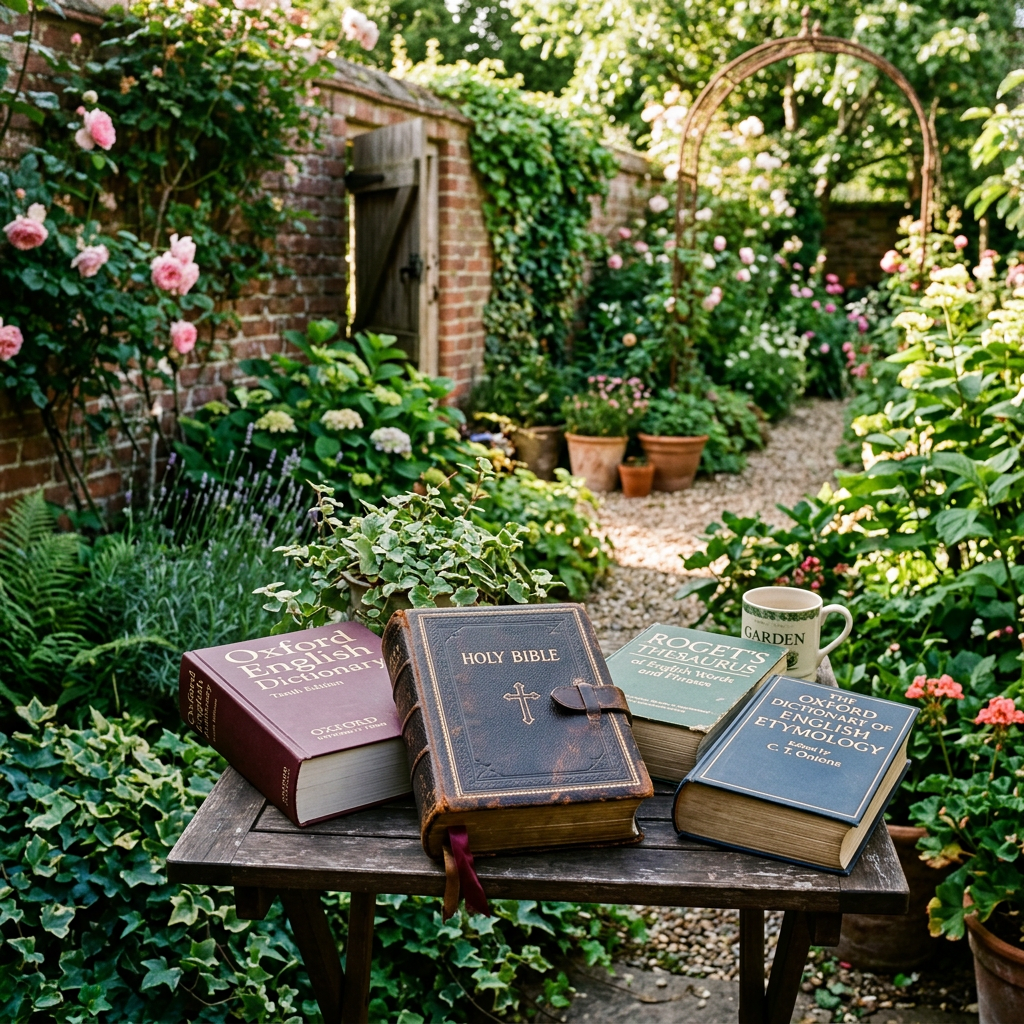 Holy Bible, Oxford English Dictionary, Roget's Thesaurus, and Oxford Dictionary of English Etymology on wooden garden table