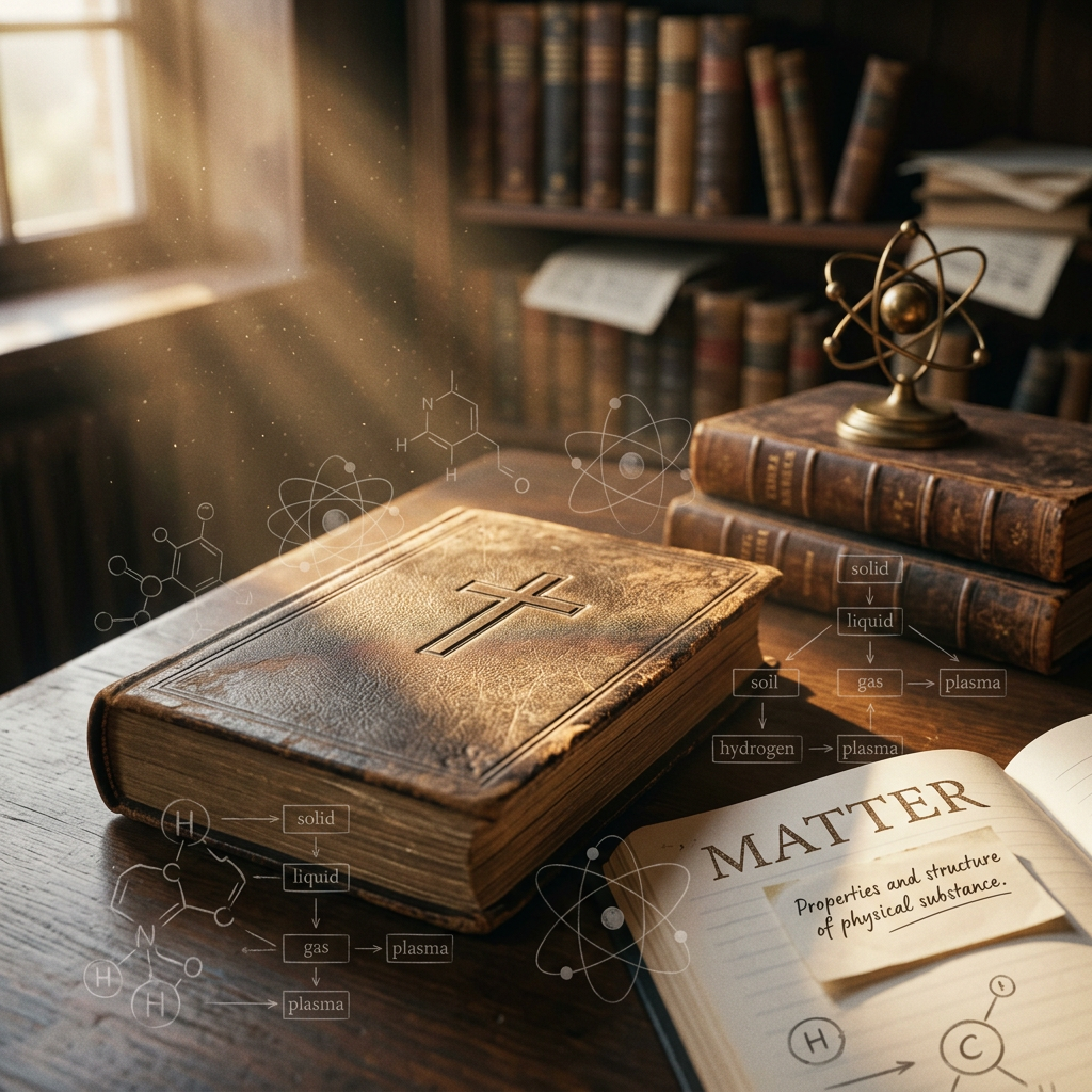 Leather-bound Bible with cross next to scientific books and notes about matter properties