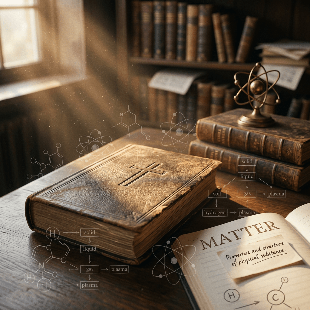 Leather-bound Bible with cross next to scientific books and notes about matter properties