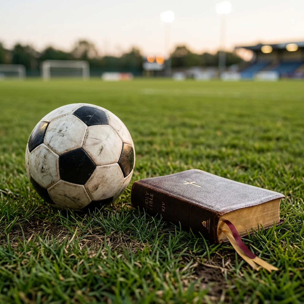 Worn black and white soccer ball beside a closed Holy Bible on a woven rug