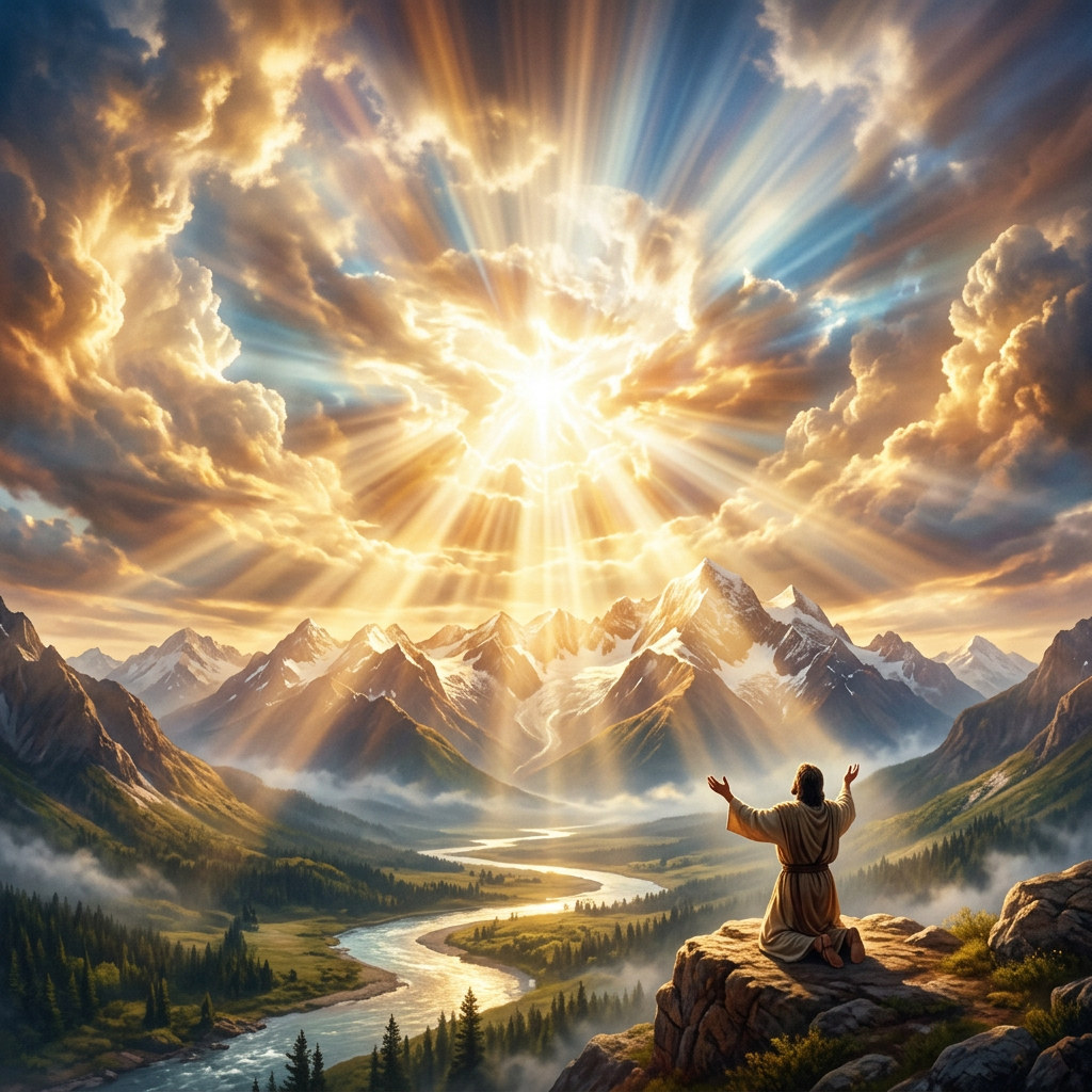 Person kneeling on rocky cliff with arms raised in front of glowing sunrise over mountains