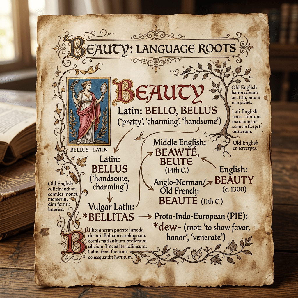 Diagram tracing the origins of the word 'beauty' from Proto-Indo-European to English