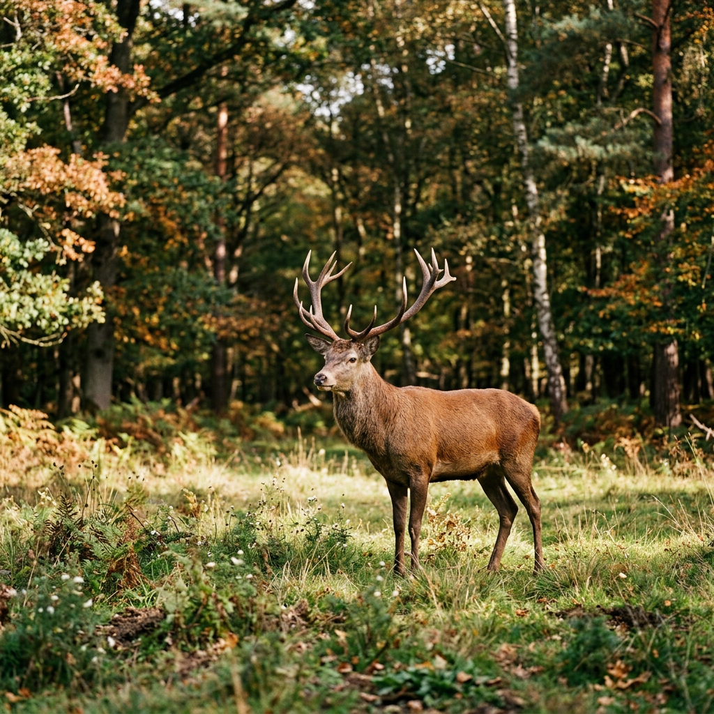 Stag with large antlers standing in grassy forest clearing during autumn