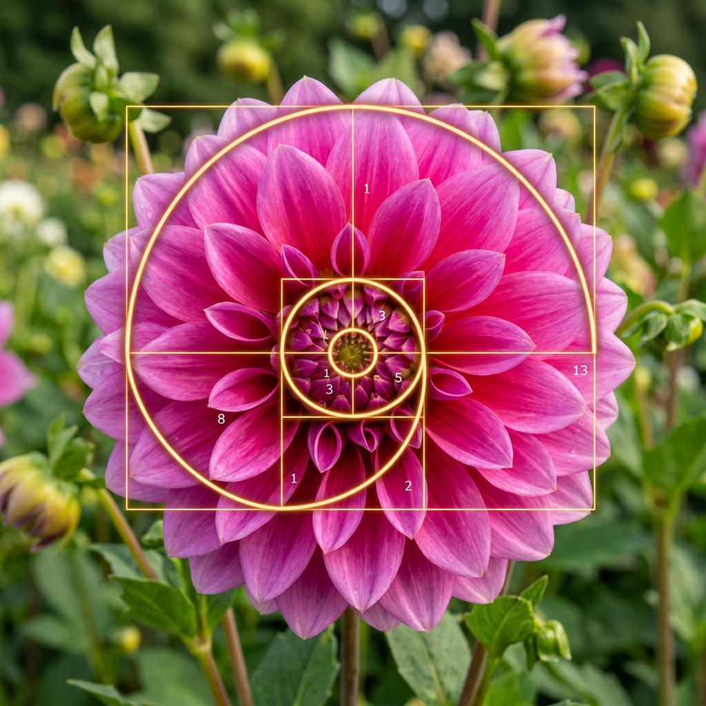 Pink dahlia flower overlaid with golden Fibonacci spiral showing numbered petal sections