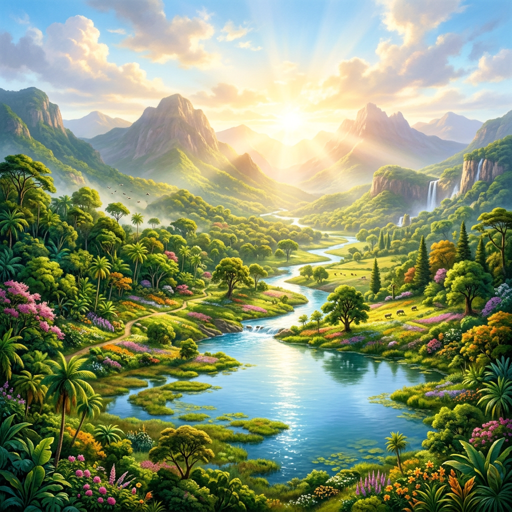 A bright sunrise over a lush green valley with a winding river, mountains, and vibrant flowers