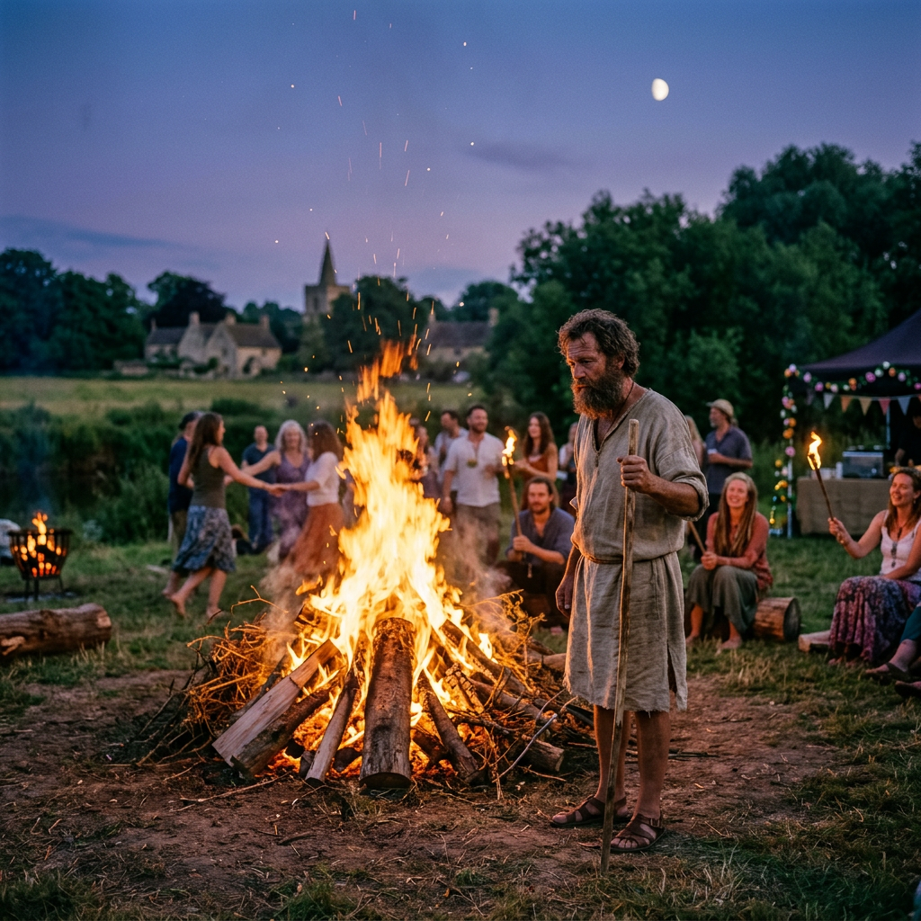 People gathered around a large bonfire outdoors in a rural area at twilight