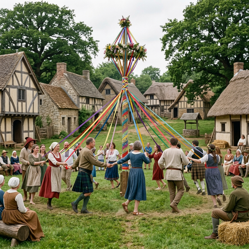 Group of people dancing around a decorated Maypole with colorful ribbons outdoors