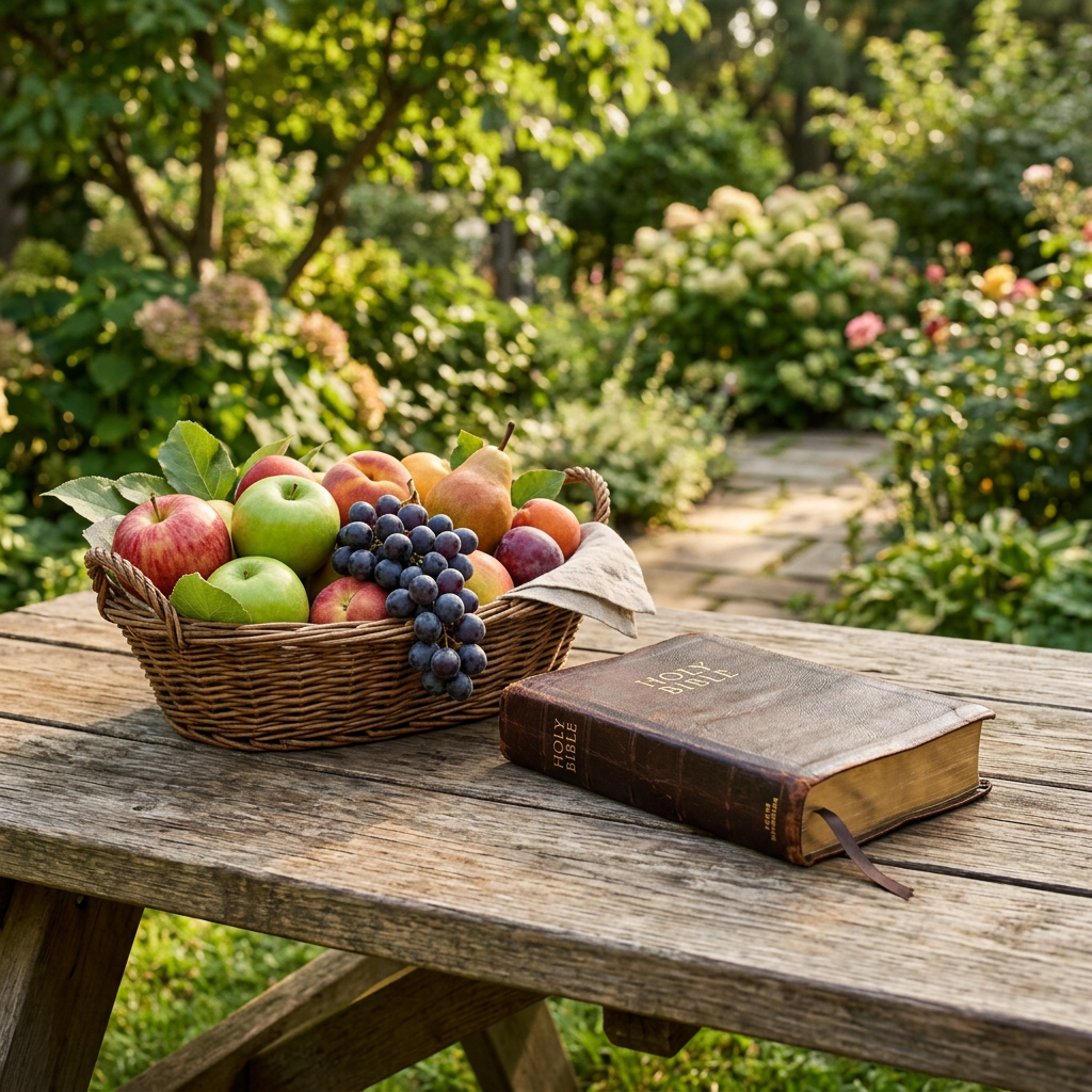 Fruit basket and Holy Bible on a wooden garden table