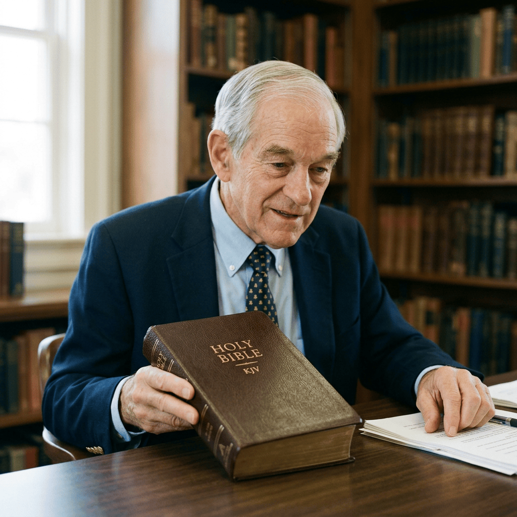 Older man holding a Holy Bible at a desk in a library