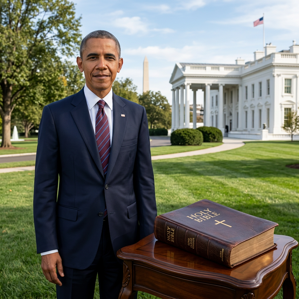 Barack Obama beside a Holy Bible outside the White House