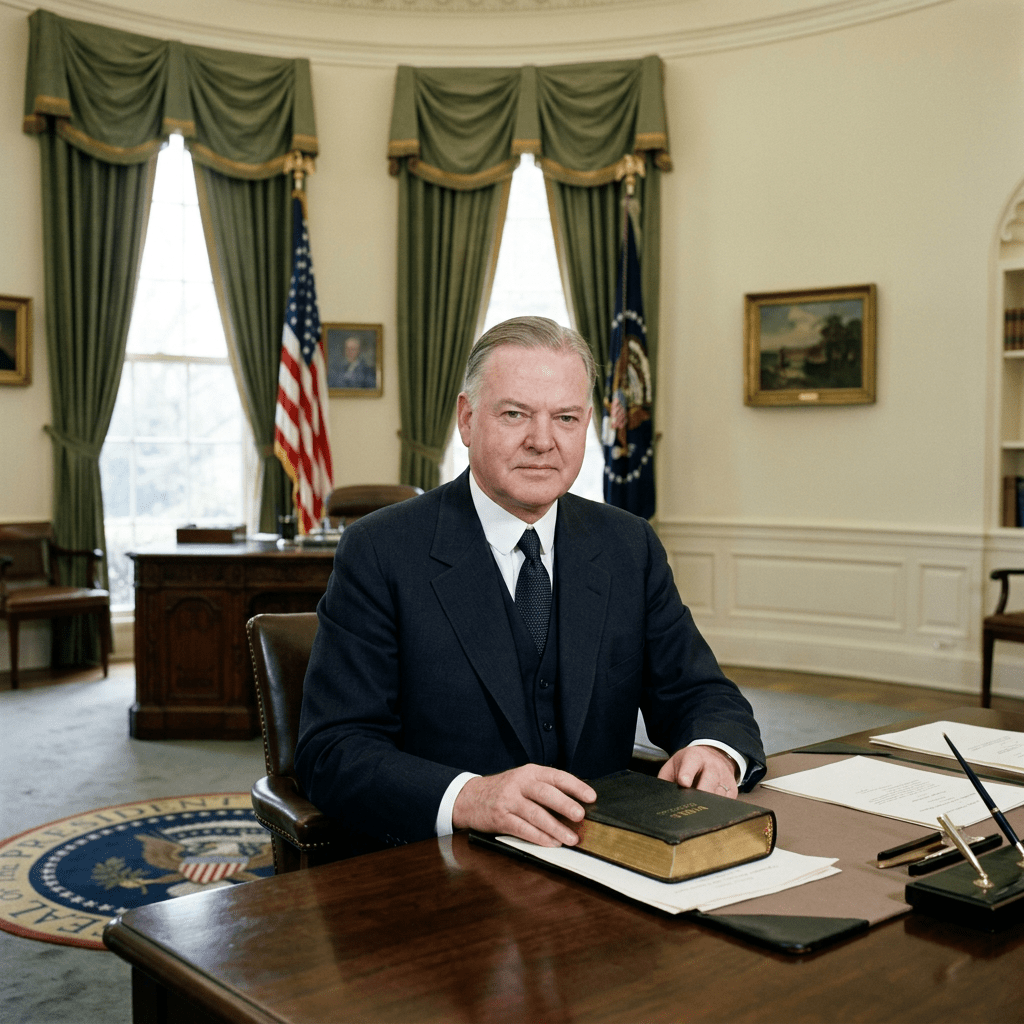 Suited official seated at desk with Bible, documents, and American flags