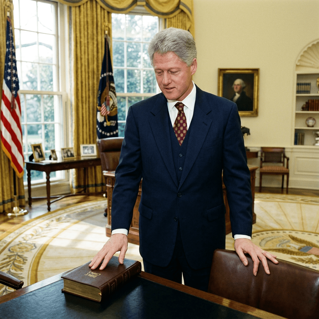 Man in suit standing beside an open Bible in presidential office