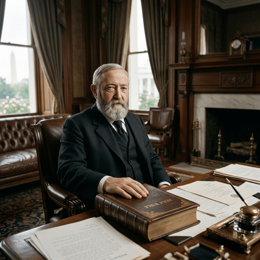 Bearded man at desk with Holy Bible and papers