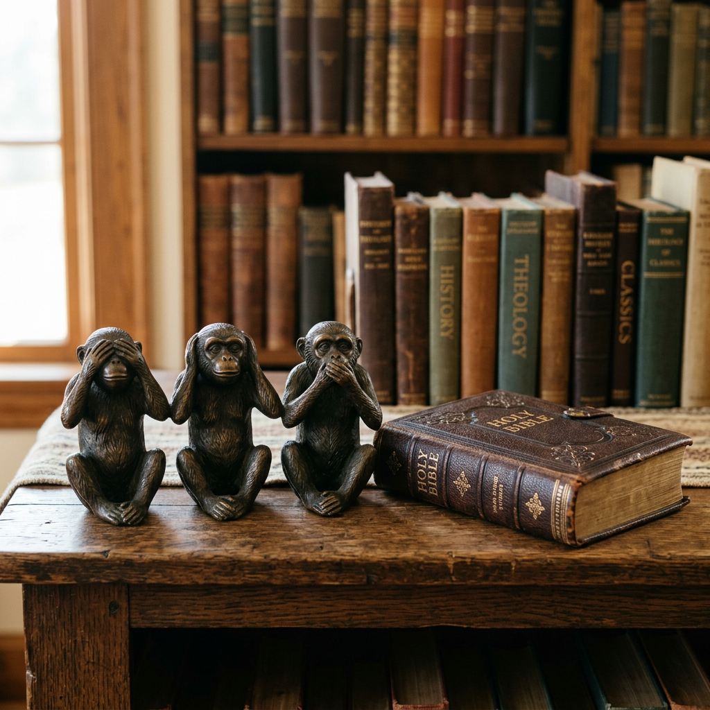 Three wise monkey figurines beside a Bible on a wooden table