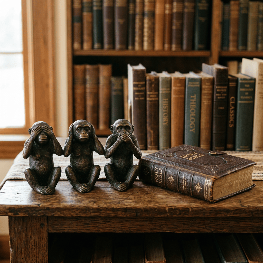 Three wise monkey figurines beside a Bible on a wooden table