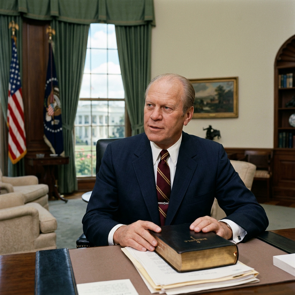 Gerald Ford seated at a desk in the Oval Office