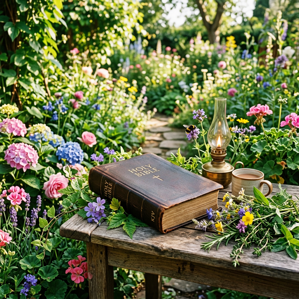 Bible, lit oil lamp, and coffee cup on a garden table