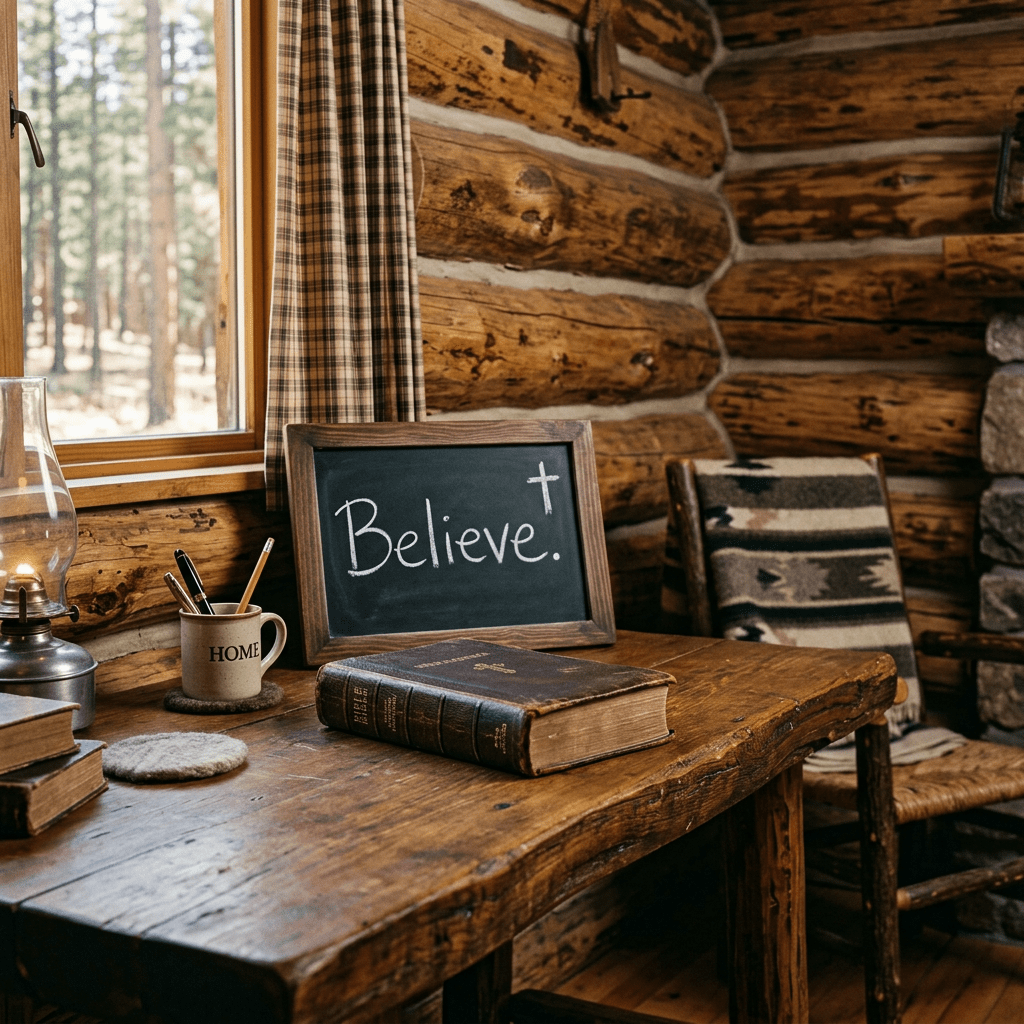 Rustic cabin table with books, a Believe sign, and forest view