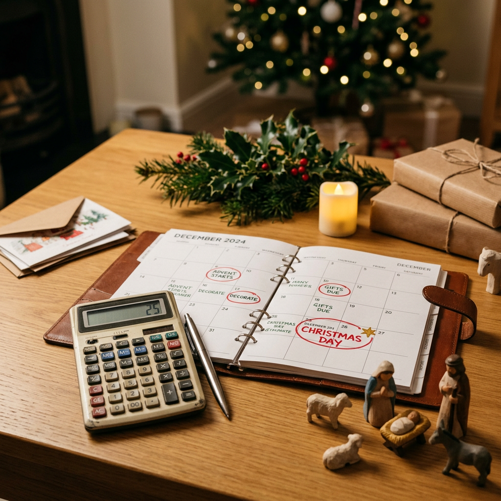 December 2024 calendar marked for Advent, gifts, decorating, and Christmas Day