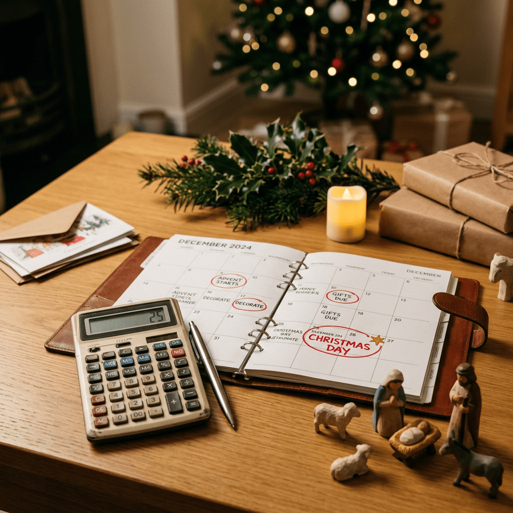 December 2024 calendar marked for Advent, gifts, decorating, and Christmas Day