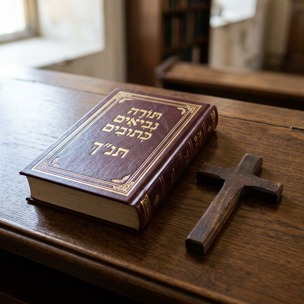 Hebrew Bible labeled תורה נביאים כתובים תנ״ך beside a wooden cross