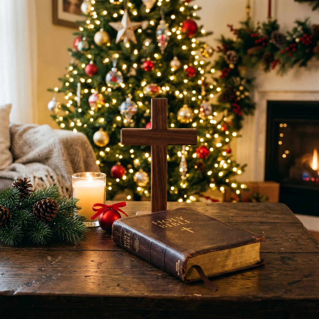 Wooden cross and Holy Bible on table before a lit Christmas tree