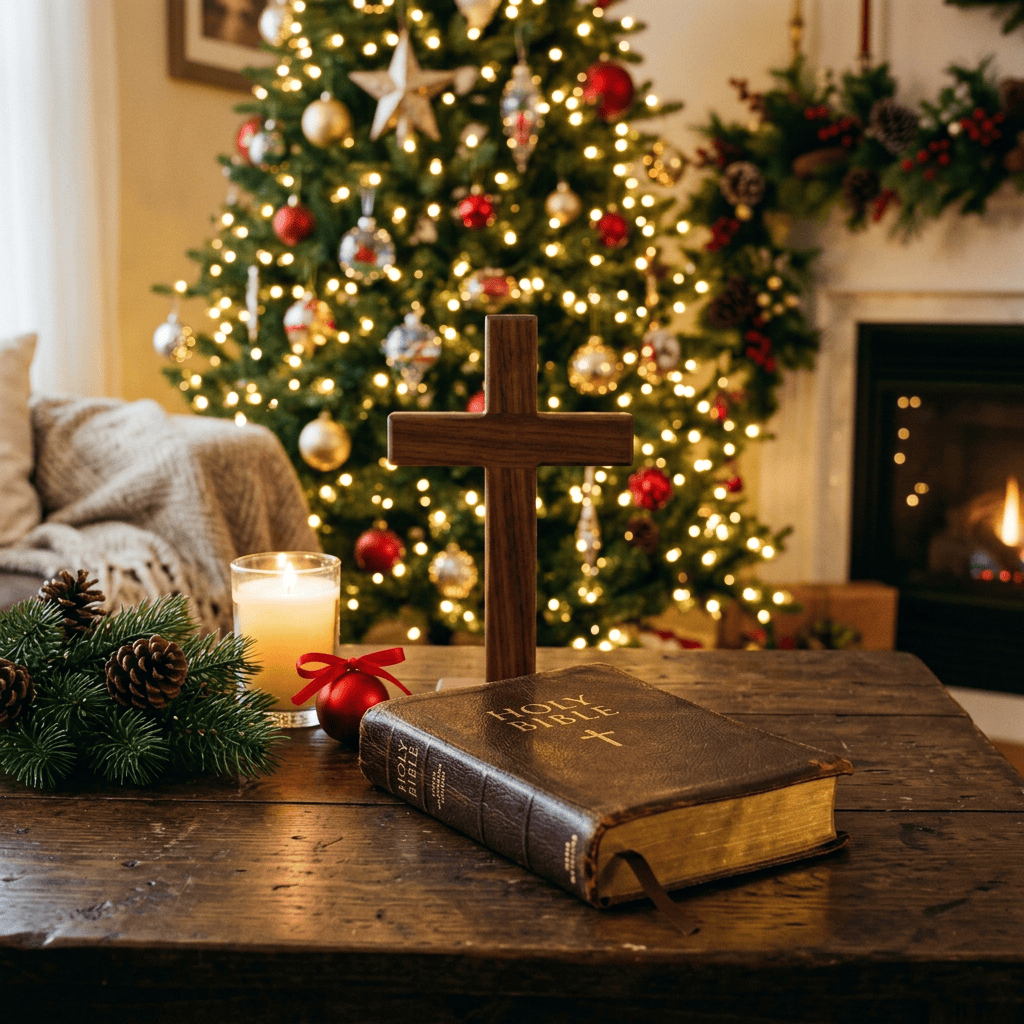 Wooden cross and Holy Bible on table before a lit Christmas tree