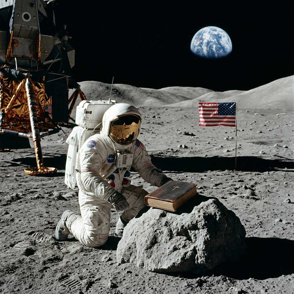 Astronaut kneeling beside a Bible on the Moon with Earth and American flag