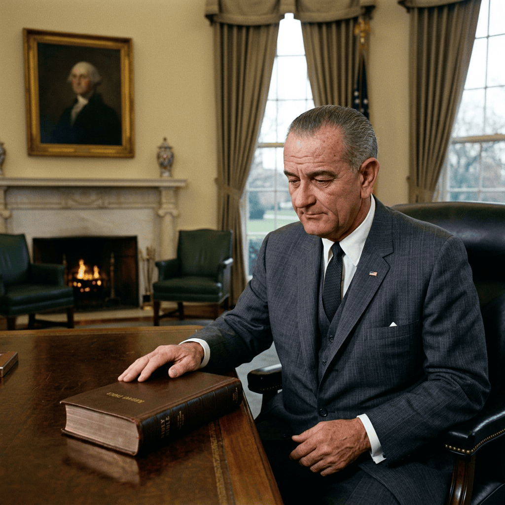 Suited statesman seated at desk beside a leather-bound Bible
