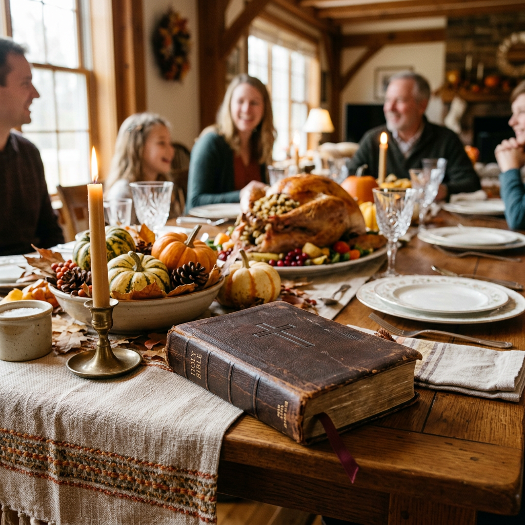 Family gathered around a Thanksgiving table with turkey, candles, pumpkins, and Bible