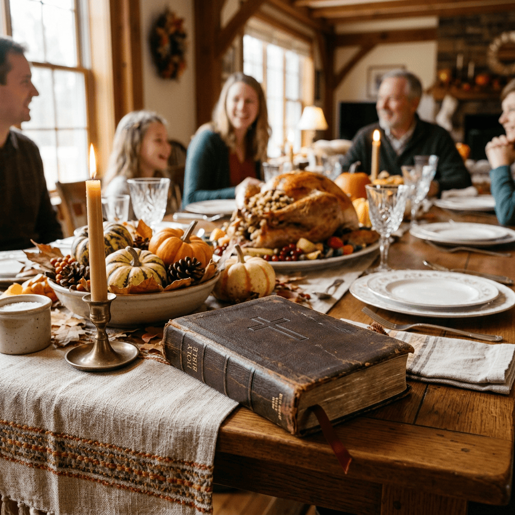 Family gathered around a Thanksgiving table with turkey, candles, pumpkins, and Bible