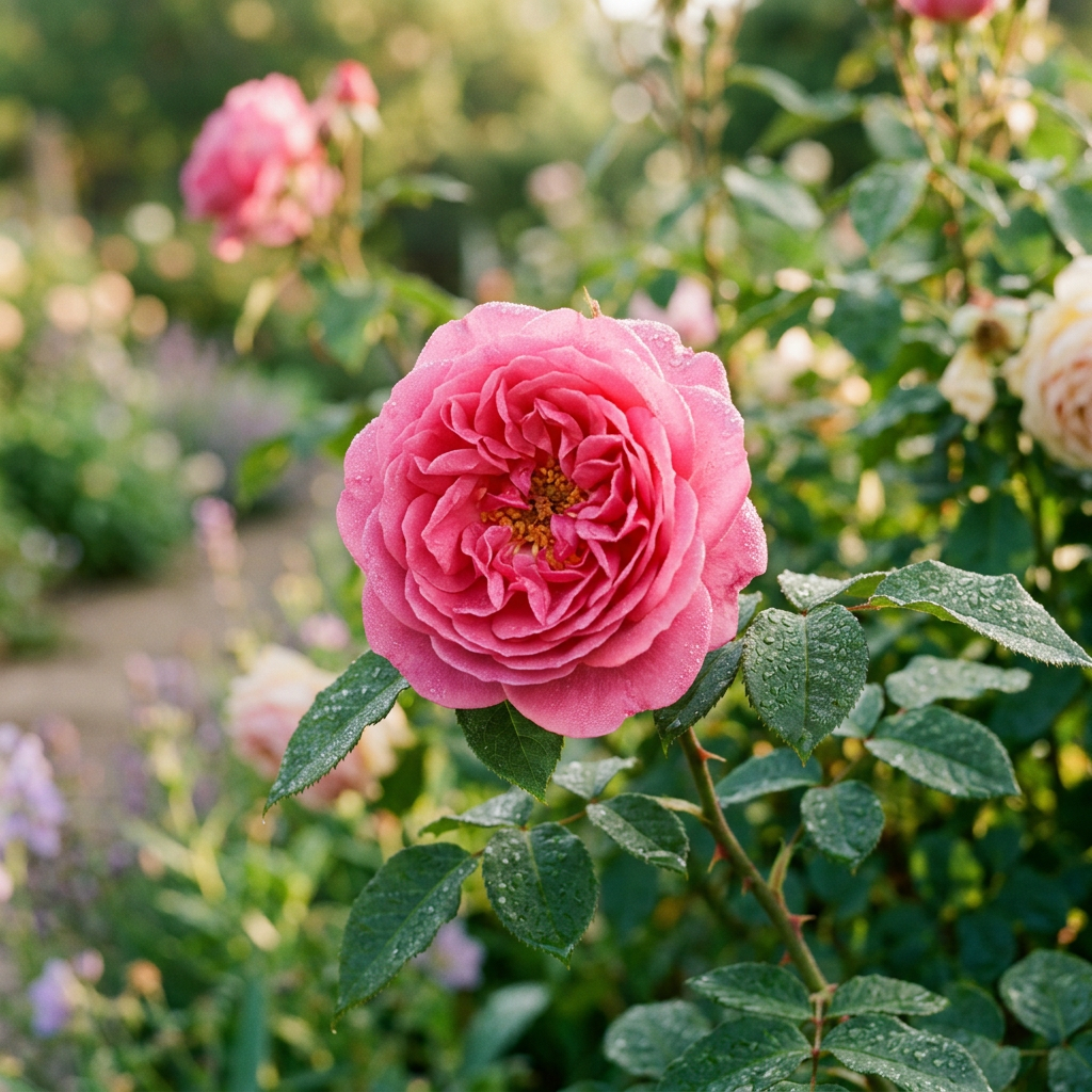 Vibrant pink rose with dewy petals and leaves in a garden