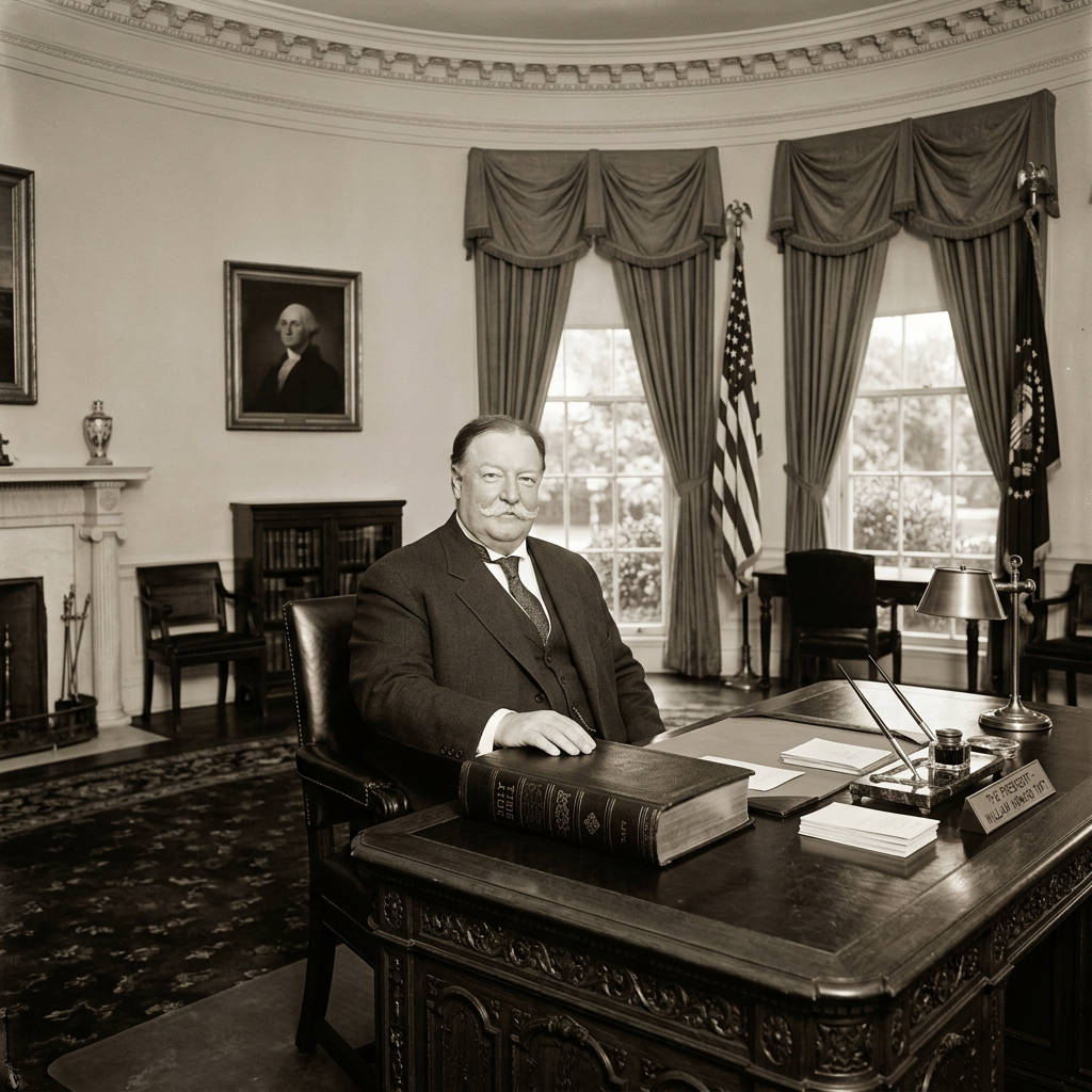 William Howard Taft seated at a presidential desk in an ornate office