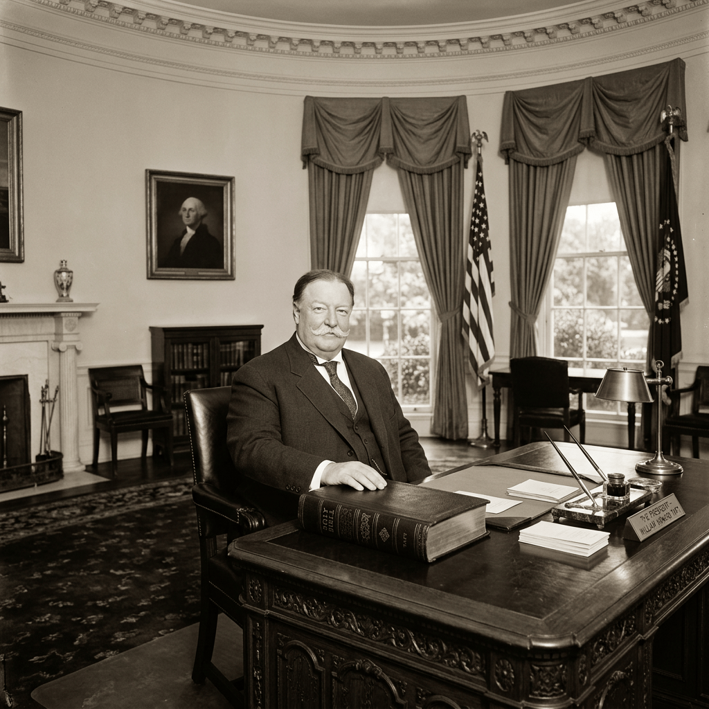 William Howard Taft seated at a presidential desk in an ornate office