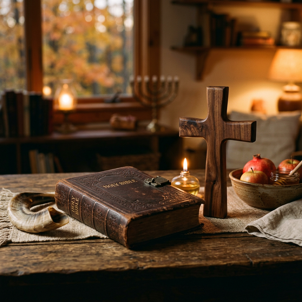 Closed Holy Bible beside a wooden cross, candle, and bowl of apples