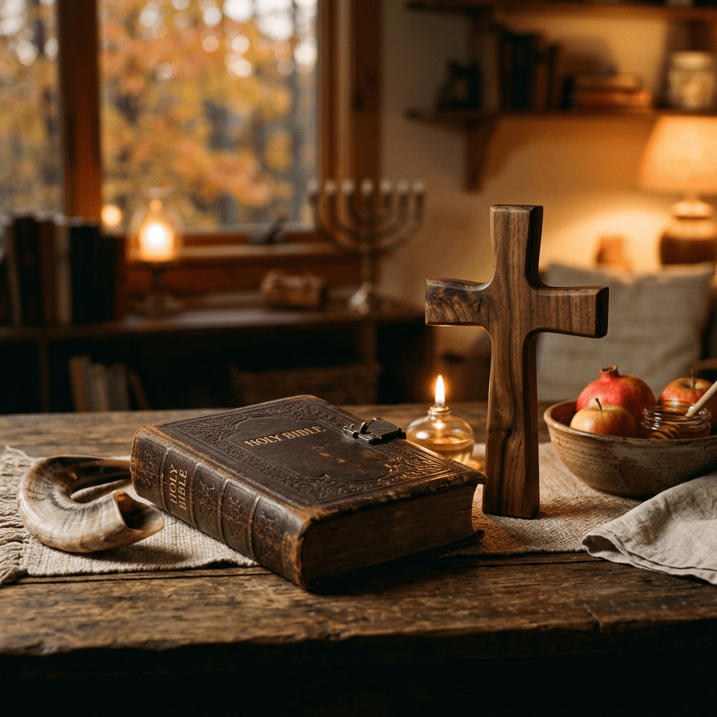 Closed Holy Bible beside a wooden cross, candle, and bowl of apples