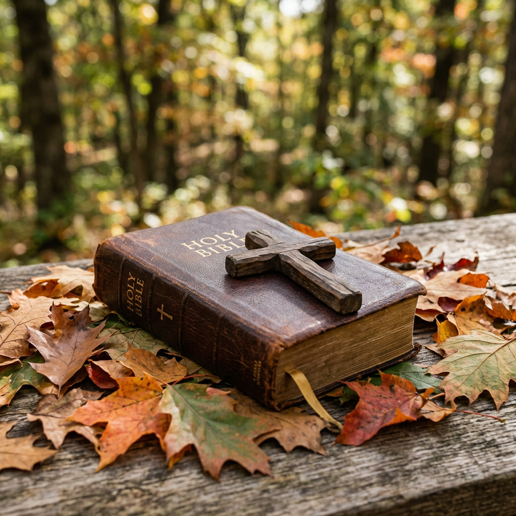 Holy Bible with wooden cross on autumn leaves in a forest