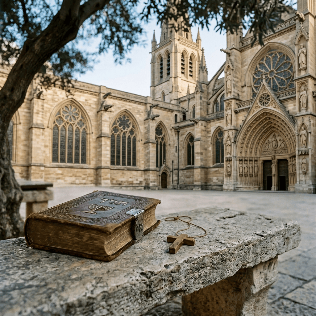 Hebrew prayer book and wooden cross on a stone bench outside a historic religious building