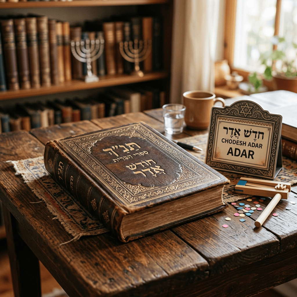 Jewish book beside sign reading חדש אדר, CHODESH ADAR, ADAR, and Purim treats