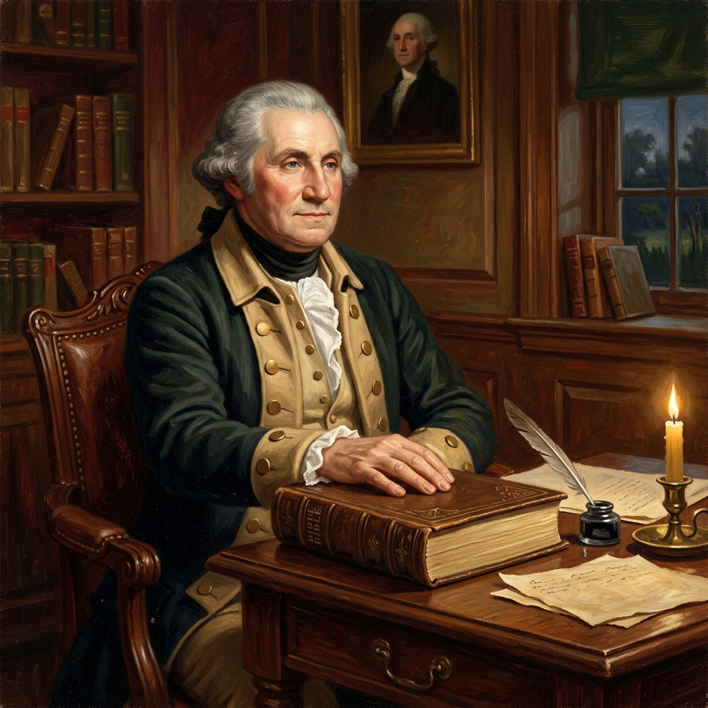 George Washington seated at a desk beside a Bible labeled BIBLE